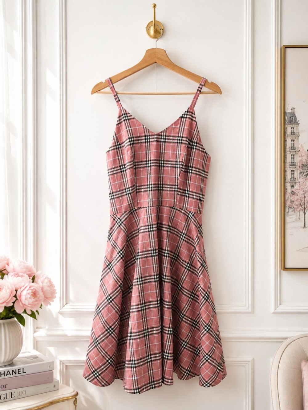 Boobgs Large Pink Plaid Fit & Flare Midi Dress Cotton Blend Cottagecore - Picture 6 of 10